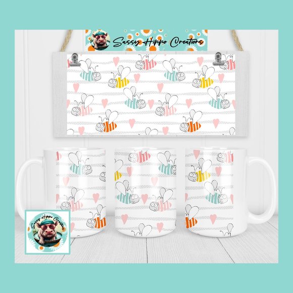 Ceramic Coffee Mug Colorful Striped Bumble Bees Pink Hearts 15oz Hand Sublimated - Picture 1 of 4